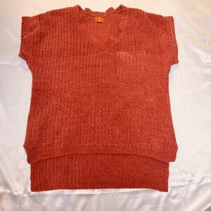 POL Chenille Knit V-Neck Sweater Vest Rust Orange High Low Pocket Small